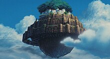 The flying castle Laputa, with the giant tree on top and weapons system underneath