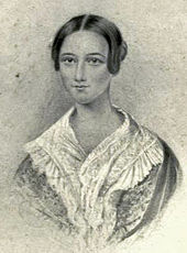 black and white reproduction of watercolour drawing of young woman, facing the spectator, hair parted at centre, shawl over shoulders