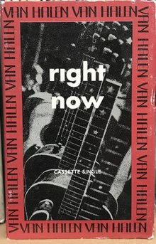 A black-and-white photo of guitars with a thick red border around it and the words "right now" written in a thick white typeface and "CASSETTE SINGLE" much smaller