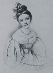 Young white woman, in white gown, with elaborately arranged dark hair, seated and looking towards the artist