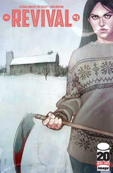 In the foreground, dark-haired college student Em holds a bloody scythe and is glaring at the viewer. The background is a snowy rural landscape with an old barn.