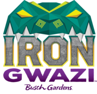A script text of "Iron Gwazi Busch Gardens", with the word "Iron" being at the top, followed by the next line word "Gwazi" and then "Busch Gardens" at the bottom. The word "Iron" appears slightly larger than "Gwazi", with "Busch Gardens" being the smallest text centered. "Iron" is colored silver, with a darker green hue outlining the text at the top which transitions into a yellow gradient towards the bottom of the word. The words "Gwazi" and "Busch Gardens" are colored purple, with "Busch Gardens" appearing in a slanted text. Atop the script text is a geometric crocodile colored in shades of green and yellow. The crocodile appears to sink its white teeth into the "Iron" text, with yellow appearing on one of the scales on its head, its eyes, and its nostrils.