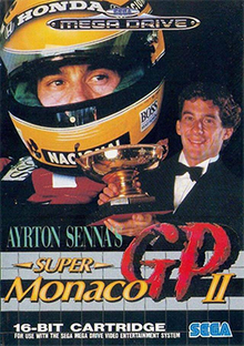 Ayrton Senna wearing his racing helmet in the background, and a separate image of him holding a trophy in the foreground.