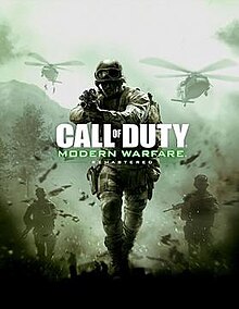 A US marine moves forward towards the viewer, pointing his gun ahead. He is backed by two other marines and two aloft helicopters, with trees and hills in the background. The words "Call of Duty Modern Warfare Remastered" are positioned in the centre across the first marine's midriff.