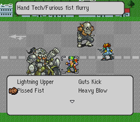 In a battle arena themed after a roadway, the current player character readies a move against one of two enemies on different areas of the battle grid.