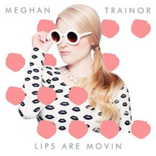 A white portrait dotted with pink shapes featuring a young blonde-haired woman pouting and posing with her right-hand holding her circular sunglasses. She wears a ponytail and a long-sleeved white top covered in black lip motifs. At the top of the portrait in capital-letter font stands the name, Meghan Trainor, while at the bottom stands the title "Lips Are Movin".