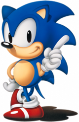 A blue anthropomorphic hedgehog wearing red shoes