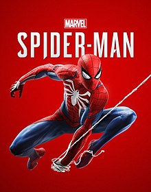 Spider-Man, a superhero in a blue and red suit and mask with a large white symbol on his chest, swings on a strand of webbing towards the viewer. The words "Spider-Man" are written in white text behind him.