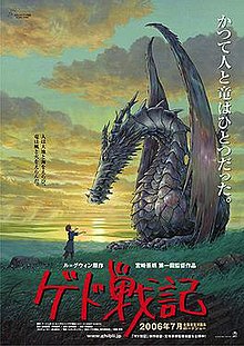 In a grassland near a river, a boy faces in front of a large dragon.