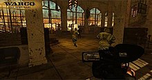 A man with carrying a video game walks behind two soldiers carrying guns into a large, desolate cathedral.