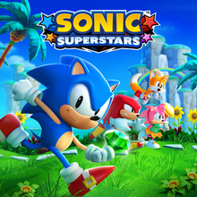Key artwork for the game set in the game's first level, Bridge Island Zone. The logo is located at the top, and below are the four playable protagonists. Sonic is at the forefront holding a green Chaos Emerald, with Knuckles, Tails and Amy (from left to right) next to him.