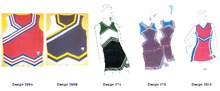 Drawings of five cheerleading uniforms