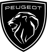 Lion stylisé vu de profil. En dessous est inscrit en majuscule « Peugeot ».