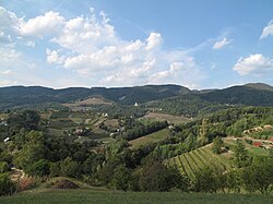 Bizeljsko gričevje z vinogradi in gradom Pišece v daljavi (izbrana 2. februarja 2013)